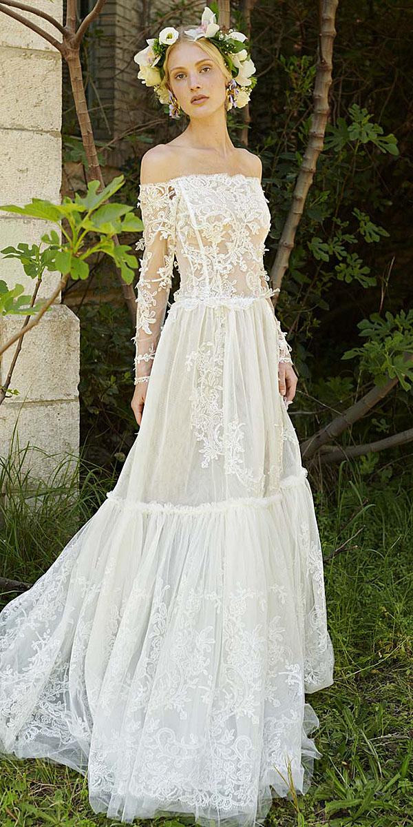 costarellos wedding dresses 2019 with long sleeves straight neckline lace floral appliques