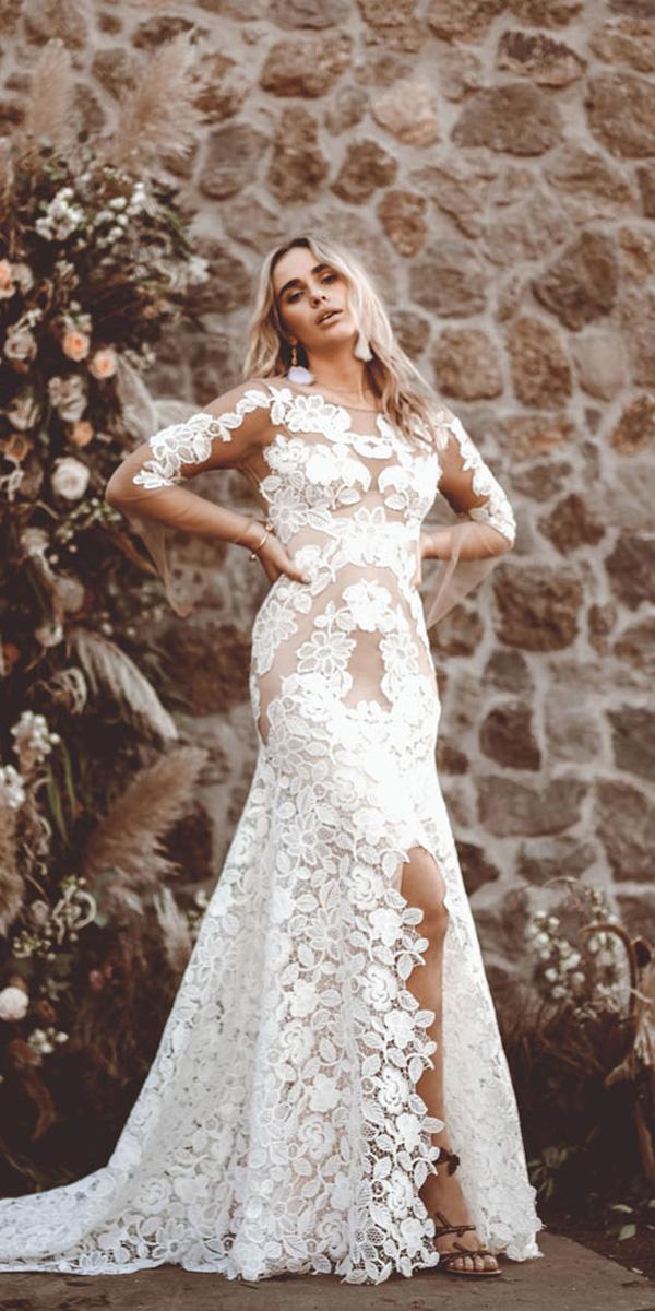 lovers society bohemian wedding dresses with long illusion sleeves floral aqppliques lace rustic