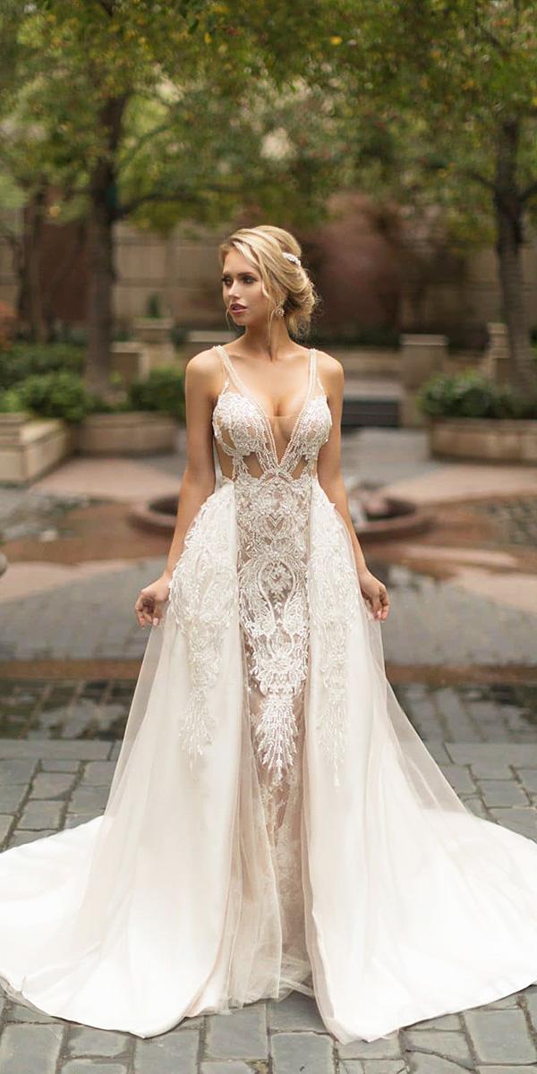 naama and anat wedding dresses 2019 sheath with overskirt straps deep v neckline lace sexy
