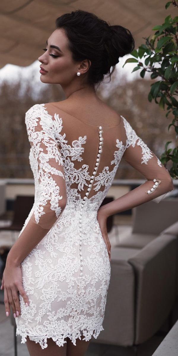 short wedding dresses lace illusion back with three quote sleeves nora noviano