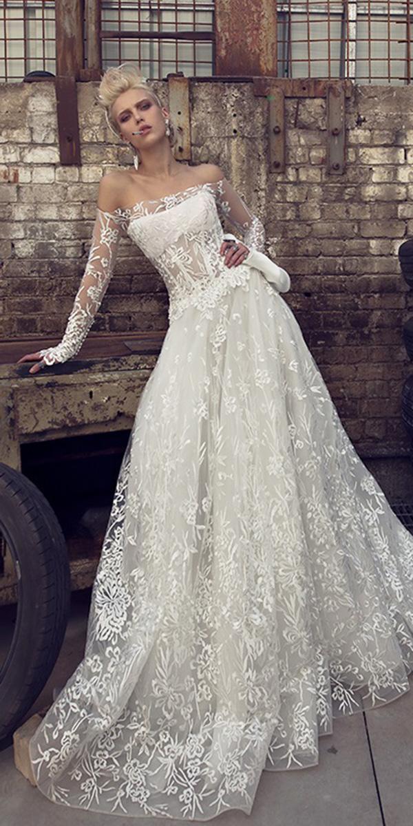 bridal gowns with sleeves a line off the shoulder lace floral 2019 pnina tornai