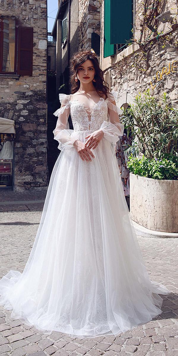 bridal gowns with sleeves a line v neckline delicate lace 2019 armonia