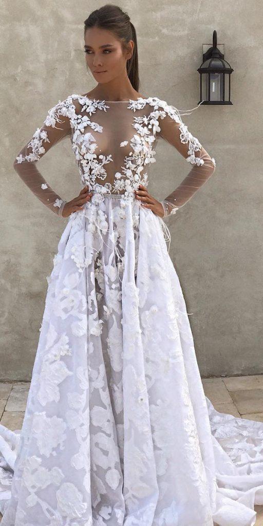 bridal gowns with sleeves illusion neckline a line with 3d floral train berta