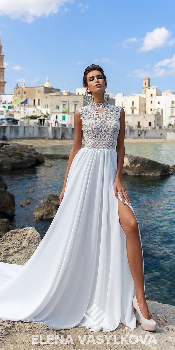 elena vasylkova wedding dresses 2018 a line high neck lace top with slit