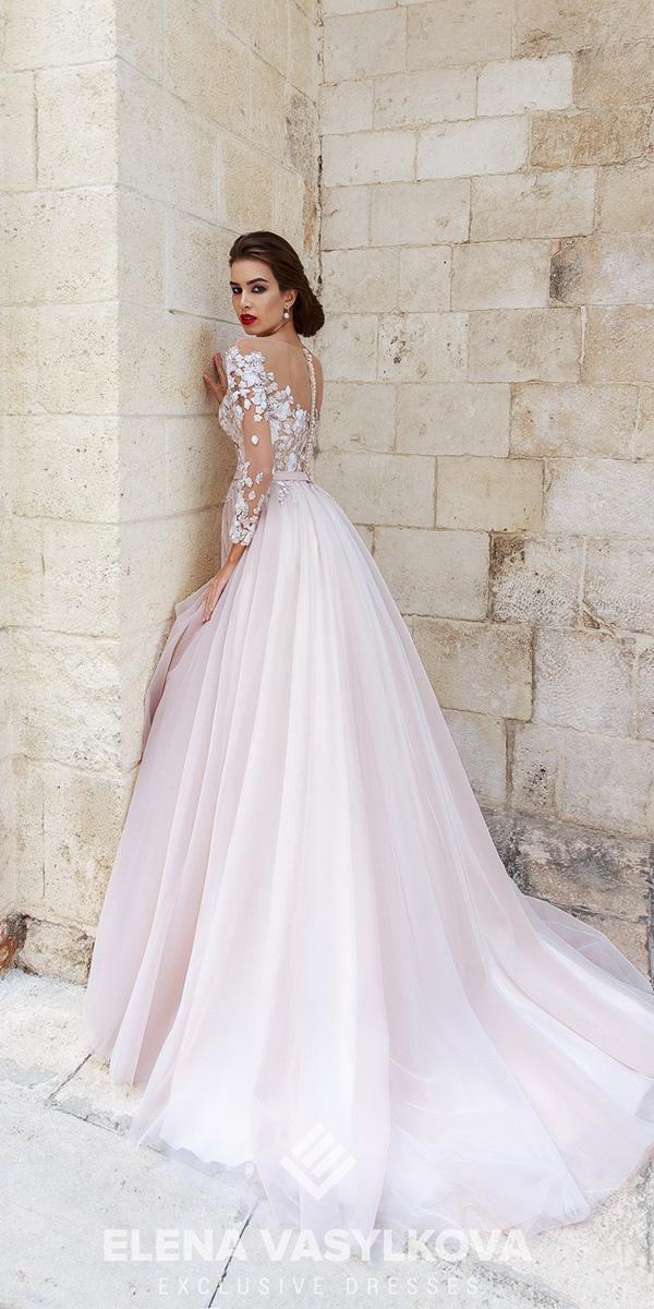 elena vasylkova wedding dresses 2018 ball gown with illusion long sleeves floral appliques blush