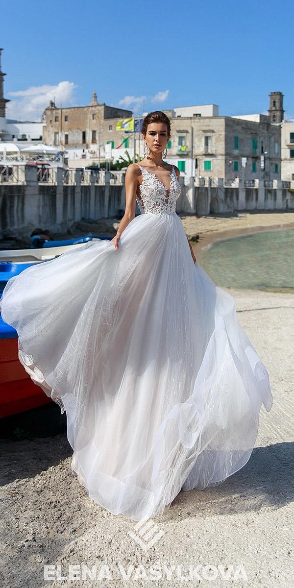 elena vasylkova wedding dresses 2018 beach a line with straps illusion neckline lace top