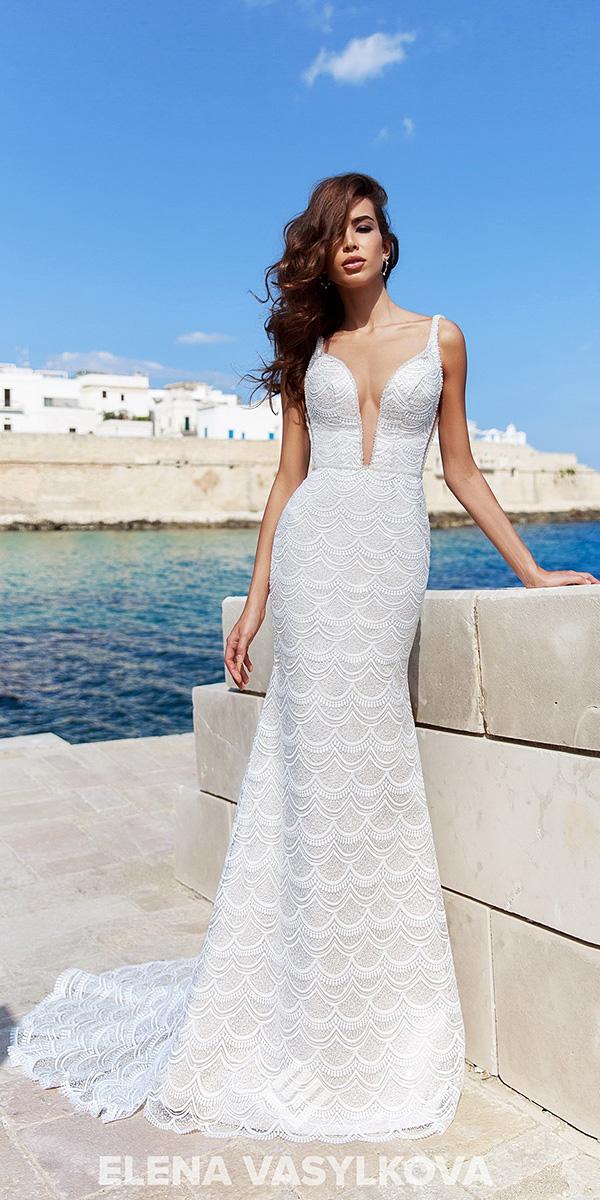 elena vasylkova wedding dresses 2018 beach sheath deep v neckline with spaghetti straps lace