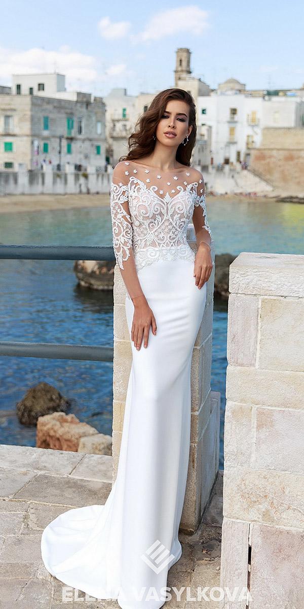 elena vasylkova wedding dresses 2018 sheath beach with illusion long sleeves lace top