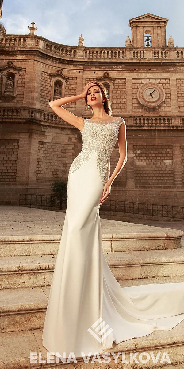 elena vasylkova wedding dresses 2018 sheath illusion neckline lace for beach satin