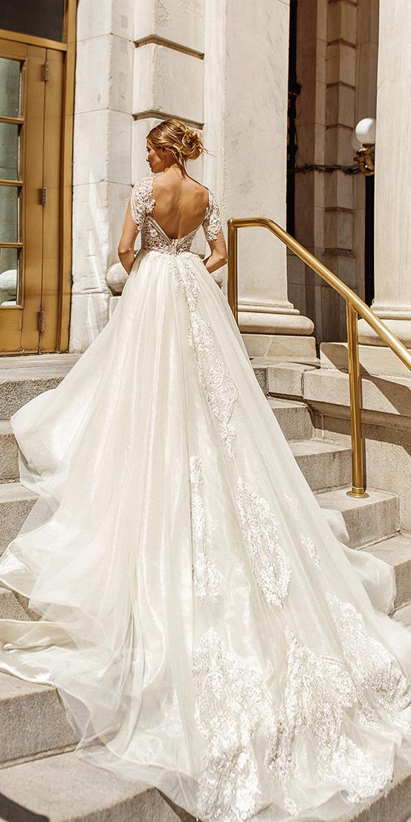 eva lendel wedding dresses 2019 ball gown open back with cap sleeves lace with train