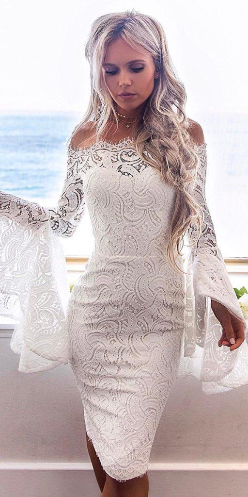 knee length wedding dresses off the shoulder with long sleeves full lace missholly the label