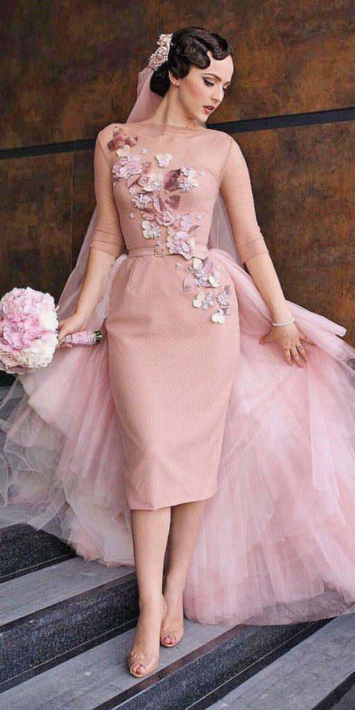 knee length wedding dresses sweetheart with sleeves overskirt pink color harems couture