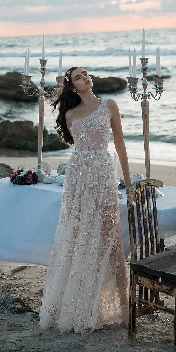 meital zano wedding dresses beach a line one shoulder floral sequins nude