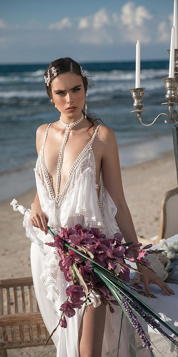 meital zano wedding dresses sexy deep v neckline beach with choker sequins ivory
