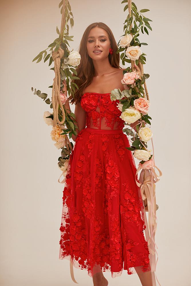 red bridesmaid dresses tea length strapless sweetheart neckline 3d floral alamourthelabel