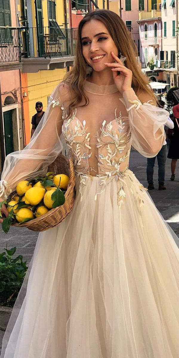 wedding dresses 2019 a line with illusion sleeves plunging neckline floral appliques ange etoiles