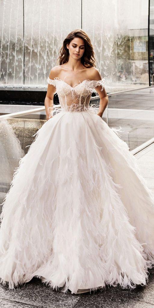  wedding dresses 2019 ball gown off the shoulder sweetheart neckline feathers alessandroangelozzicouture
