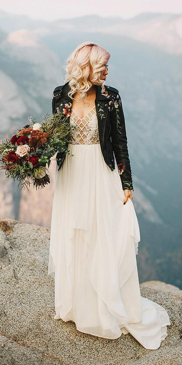 alternative wedding dress a line with leathe black jacket rock style hayley paige