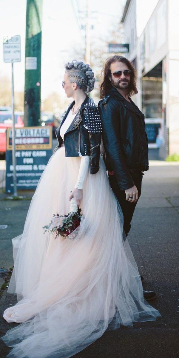 alternative wedding dress rock with leather jacket ball gown elizabeth stuart designer