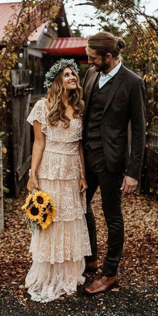 boho wedding dresses sheath with cap sleeves blush ruffled skirt willkhouryphotography