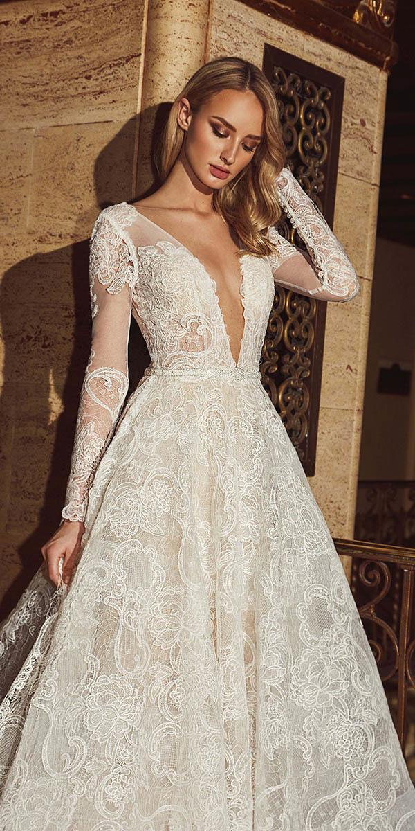 calla blanche wedding dresses a line with long sleeves deep v neckline lace