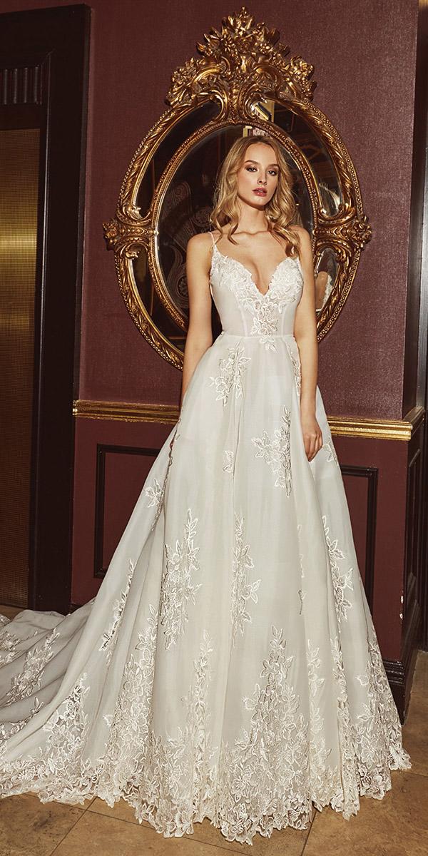 calla blanche wedding dresses a line with spaghetti straps v neckline floral lace