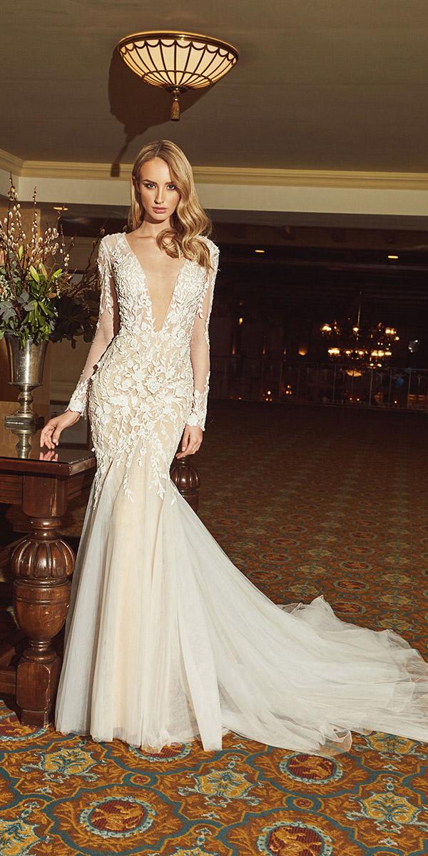calla blanche wedding dresses mermaid sexy deep neckline with long sleeves floral