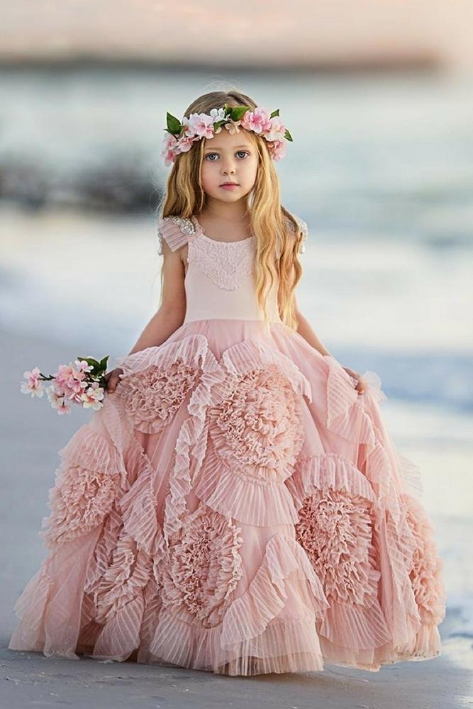 country flower girl dresses colored pink flower appliques with cap sleeves doll cake vintage
