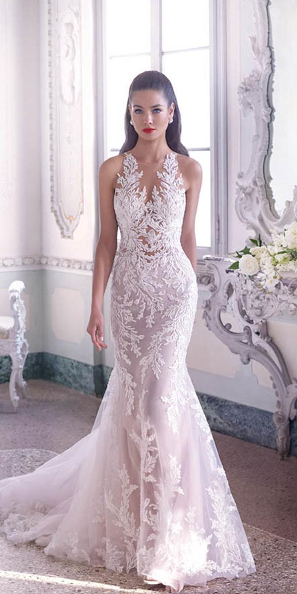 demetrios 2019 wedding dresses sheath illusion neckline floral with train