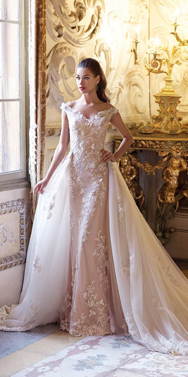 demetrios 2019 wedding dresses sheath off the shoulder floral with overskirt