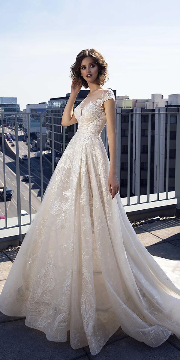 domenico rossi wedding dresses a line with cap sleves illusion neckline floral 2019