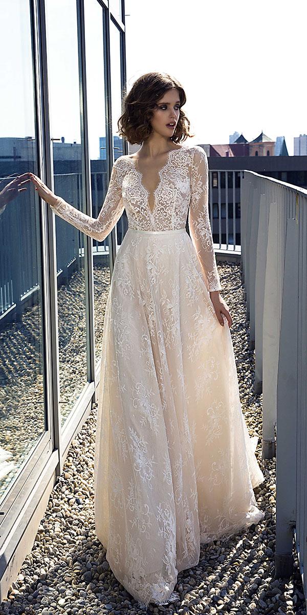 domenico rossi wedding dresses a line with illusion long sleeves deep v neckline lace 2019