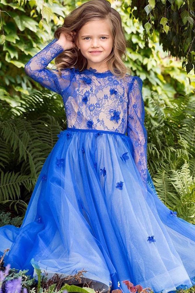 lace flower girl dresses with long sleeves blue papilio kids