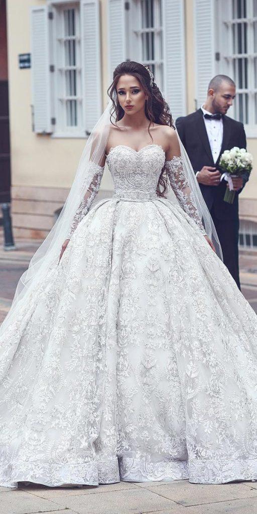  princess wedding dresses sweetheart strapless neckline detached sleeves full lace ahmadyounesphotography
