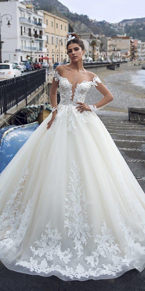 princess wedding dresses with illusion sleeves deep v neckline lace anna sposa