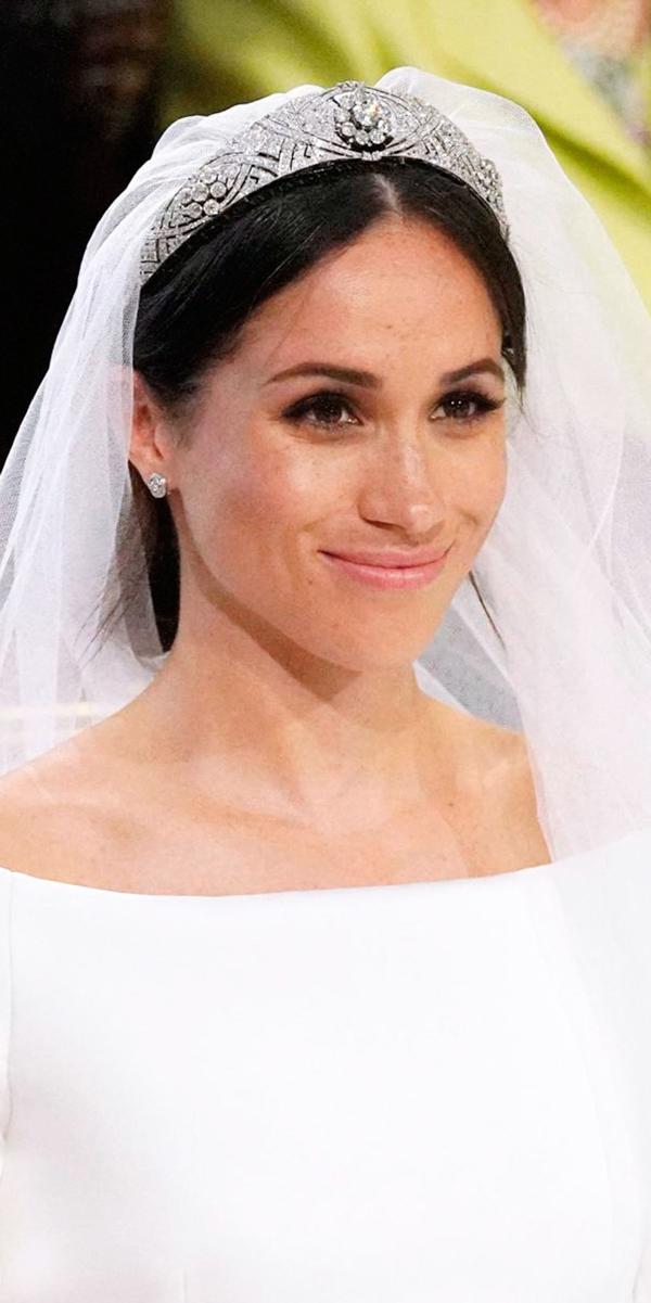 royal wedding dress tiara with veil open shoulders bateau neckline simple clare waight keller