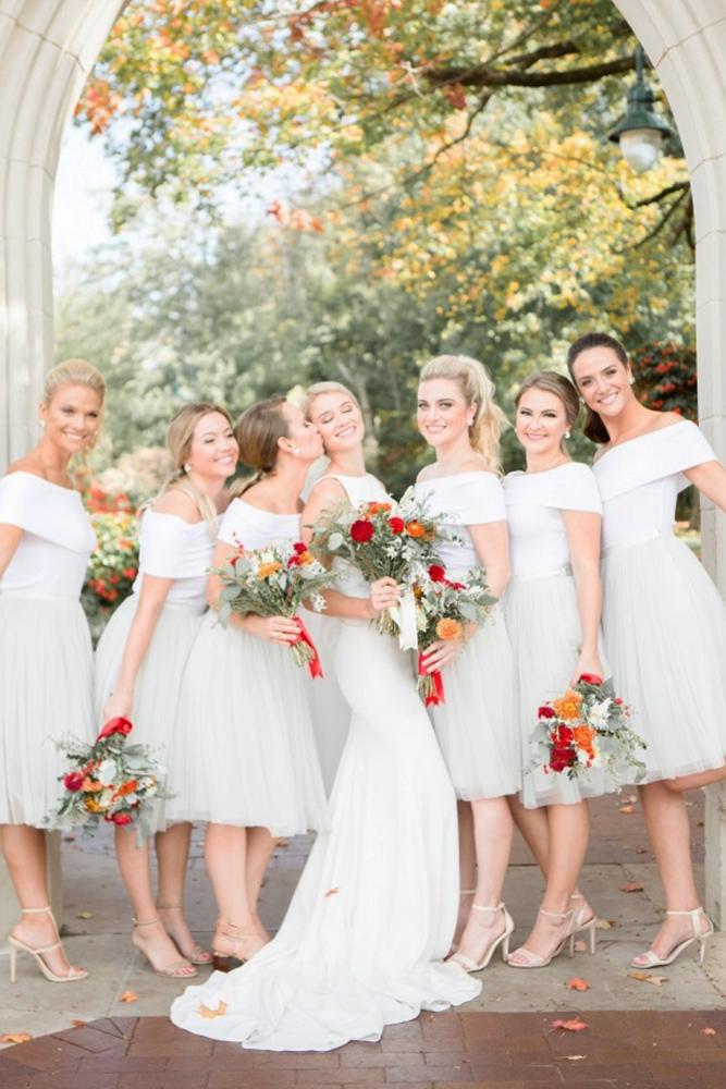 short bridesmaids dresses white straples neckline off the shoulder conforti photography