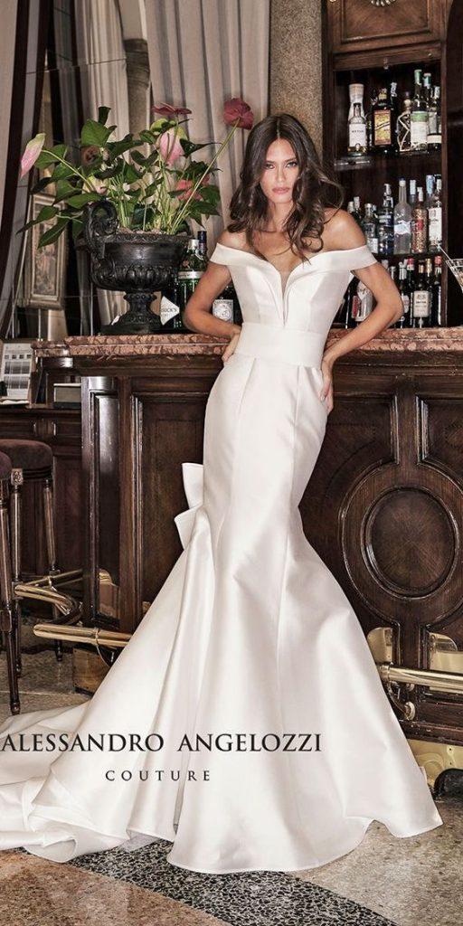simple wedding dresses mermaid off the shoulder v neckline with bow alessandro angelozzi