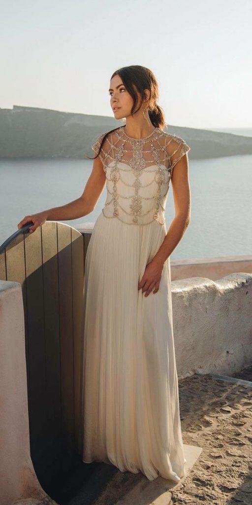 vintage wedding dresses a line simple with cap sleeves illusion beaded neckline catherine deane