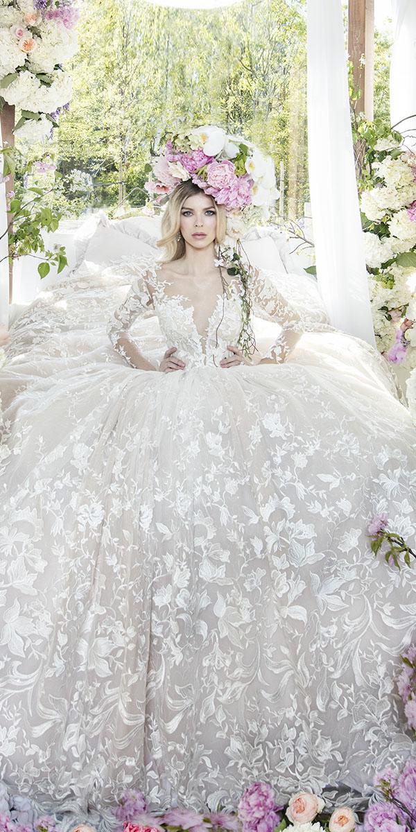 yumi katsura 2019 wedding dresses ball gown with long illusion sleeves deep v neckline lace