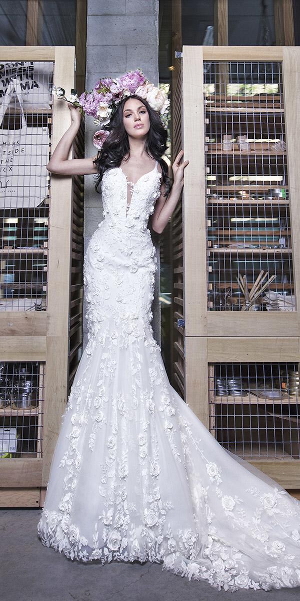 yumi katsura 2019 wedding dresses fit and flare deep v neckline pearls detail floral appliques
