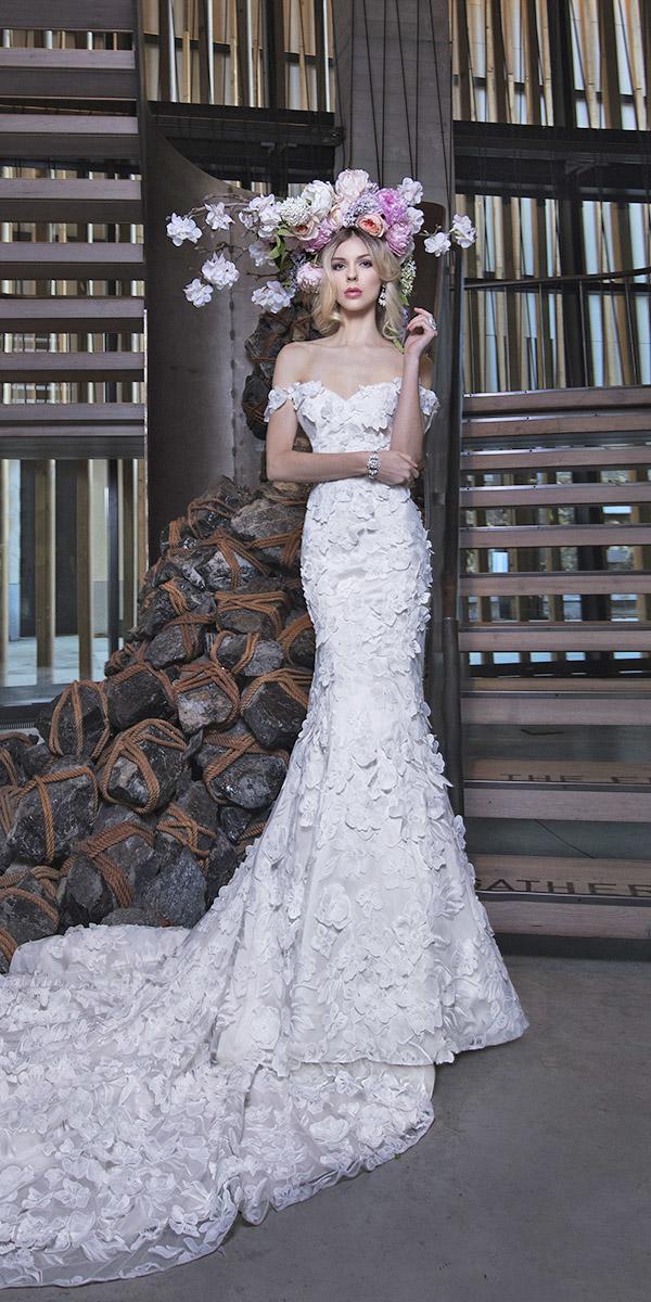 yumi katsura 2019 wedding dresses fit and flare off the shoulder with 3d floral train