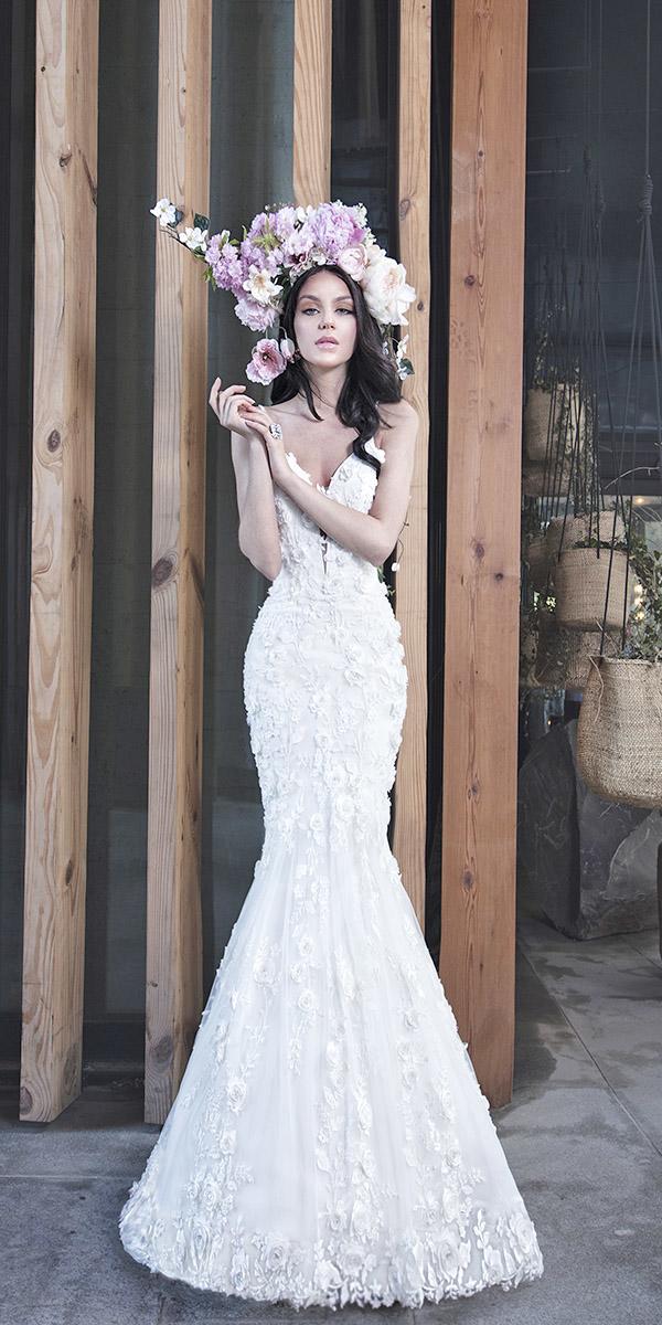 yumi katsura 2019 wedding dresses sexy fit and flare deep v neckline lace floral appliques
