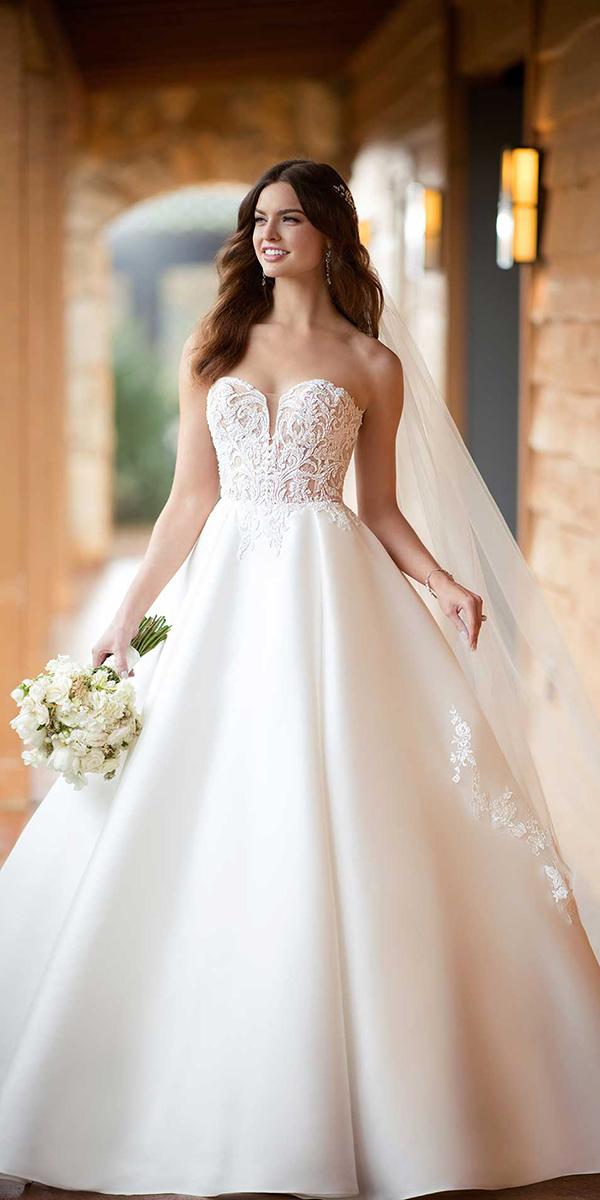 essense of australia wedding dresses ball gown strapless lace top satin skirt 2018
