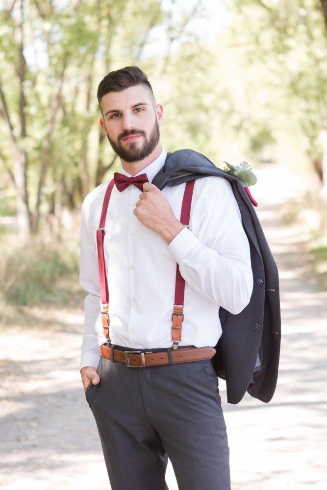 groomsmen attire t shirt with suspenders red bow tie lisa doane photography