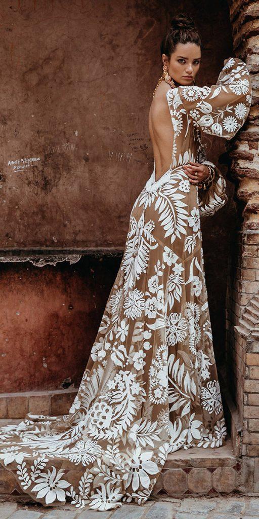 rue de seine wedding dresses a line boho with long sleeves nude floral