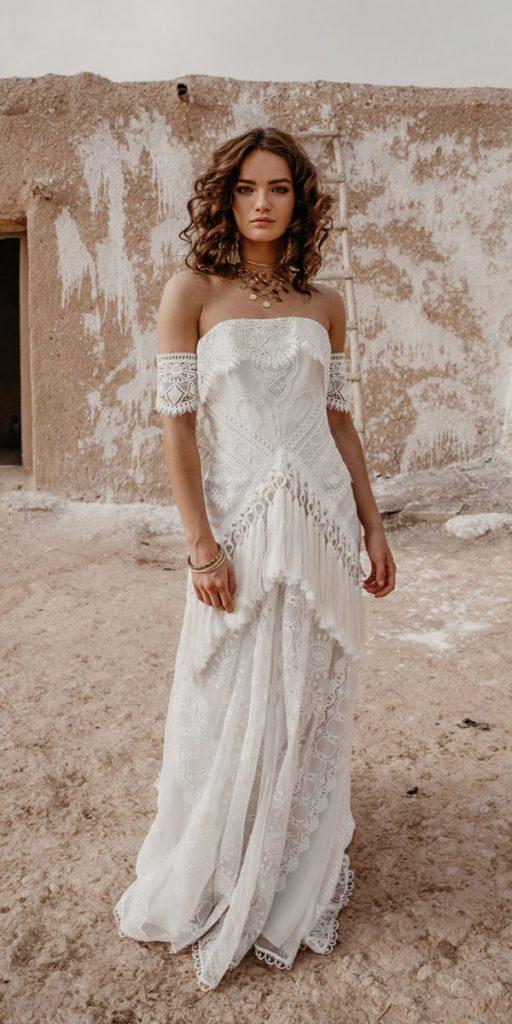 rue de seine wedding dresses sheath strapless neckline rustic lace