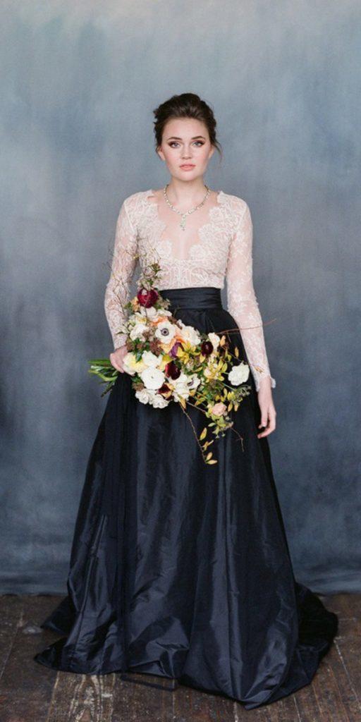 black and white wedding dresses a line with long leeves lace top emilli rigs