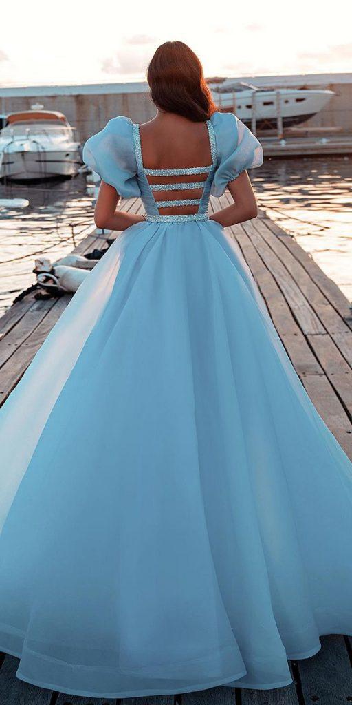blue wedding dresses simple open back with puff sleeves romantic saidmhamad