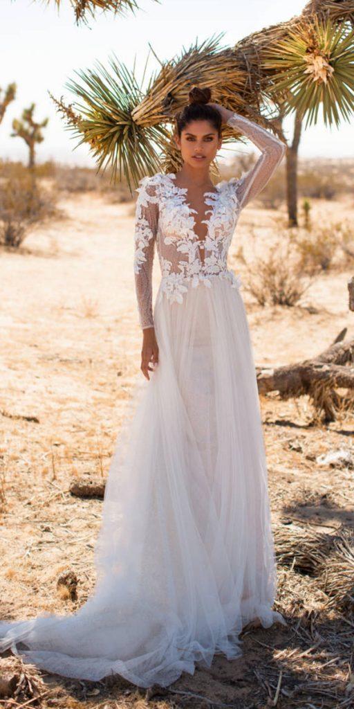 milla nova wedding dresses 2019 a line with long sleeves deep v neckline floral appliques